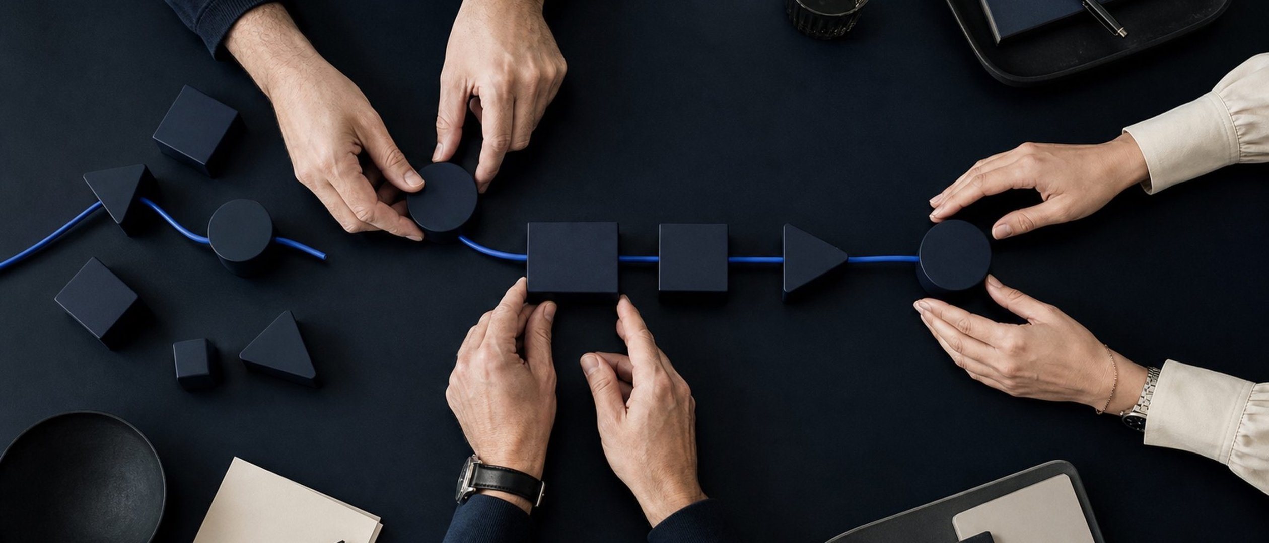 Draufsicht auf einen Tisch: mehrere Hände ordnen geometrische Objekte entlang einer blauen Linie zu einem klaren Ablauf
