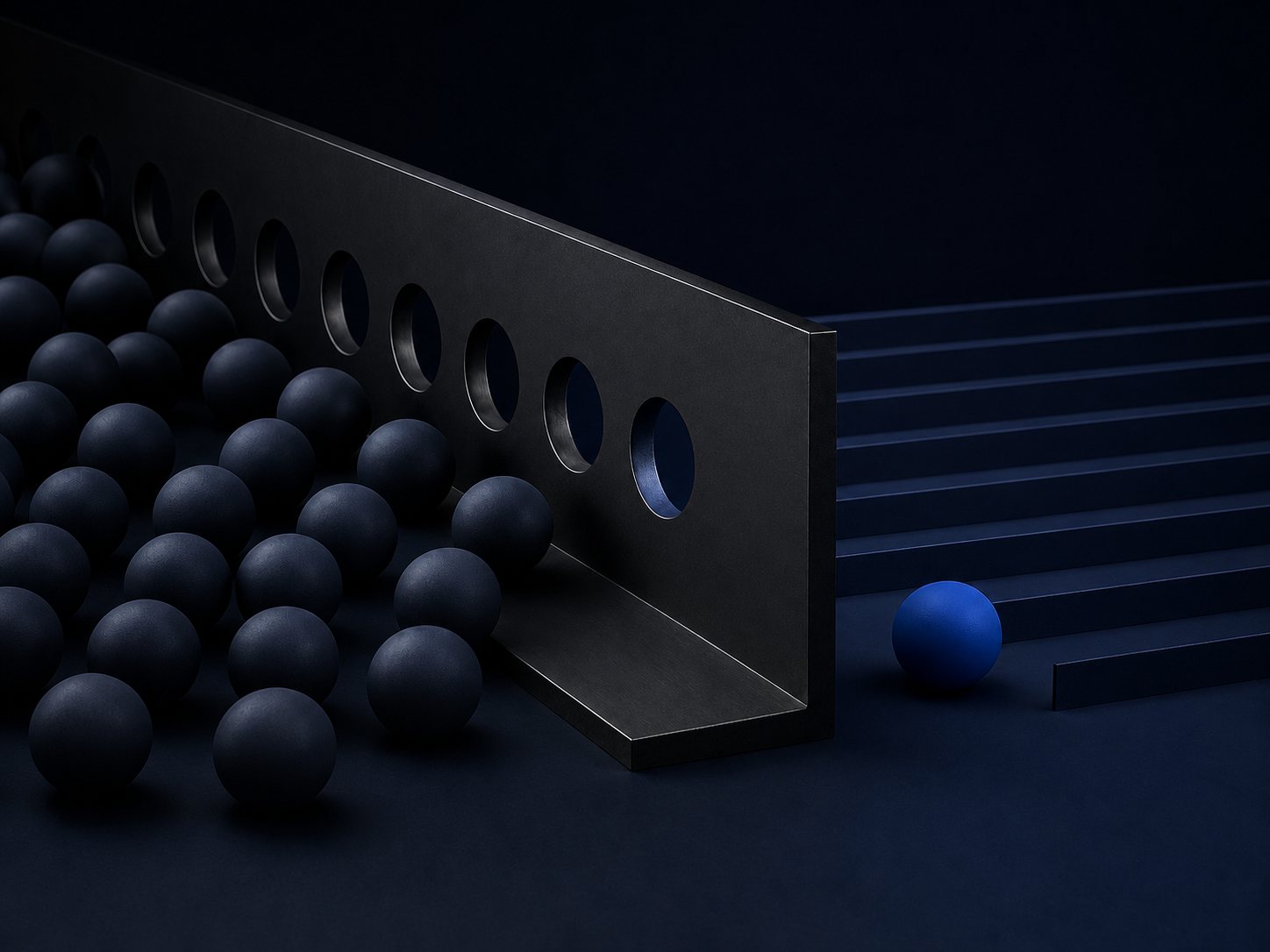 Dunkle Kugeln stauen sich vor einer Kante, eine blaue Kugel rollt auf der anderen Seite frei weiter